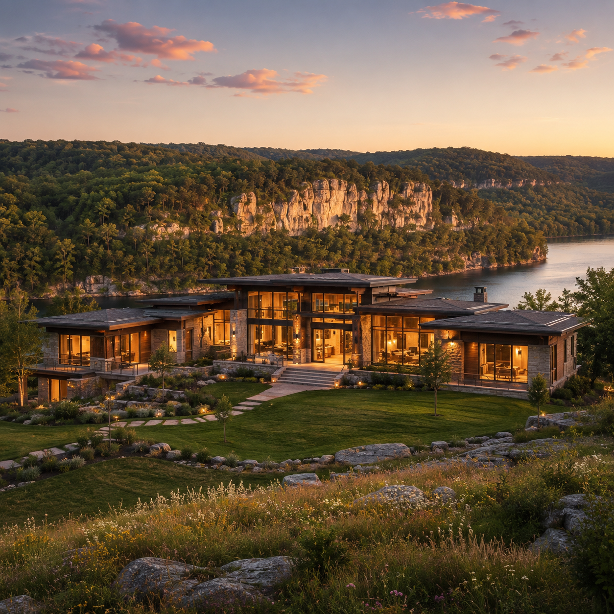A modern home overlooking a wooded lake at sunset